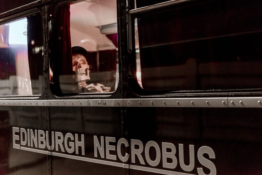 Edinburgh: Comedy Horror Ghost Bus Tour - Getting on the Midnight Black Ghost Bus at George IV Bridge